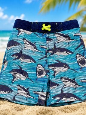 Boys Size 8 Wonder Nation Shark Swim Trunks Blue Elastic Waist EUC